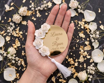 Personalisierter Gold Spiegel Rose Hochzeit Gunsten Magnet, Benutzerdefinierte Name Datum, Luxus Brautparty, Verlobung, Jahrestag Andenken