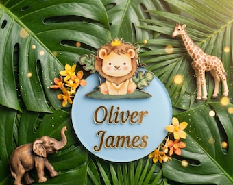 Personalisierter blauer Löwe-Magnet-Babypartybevorzugung, es ist ein individuelles Namensgeschenk für Jungen, Taufe, Dschungelsafari-Andenken