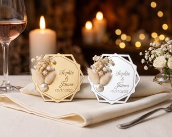 Personalisierter Hochzeit Gunsten Magnet, Name Datum getrocknete Blume Perle, Gold Silber Hexagon Andenken, Brautparty, Verlobungsgeschenk
