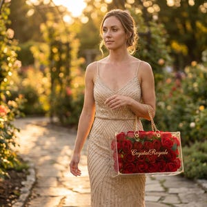 May include: A woman in a beaded champagne-colored gown carries a clear tote bag filled with red roses. The bag has a gold chain handle and the words "Crystal Royale" are printed on the front. The background is a garden with a stone path.