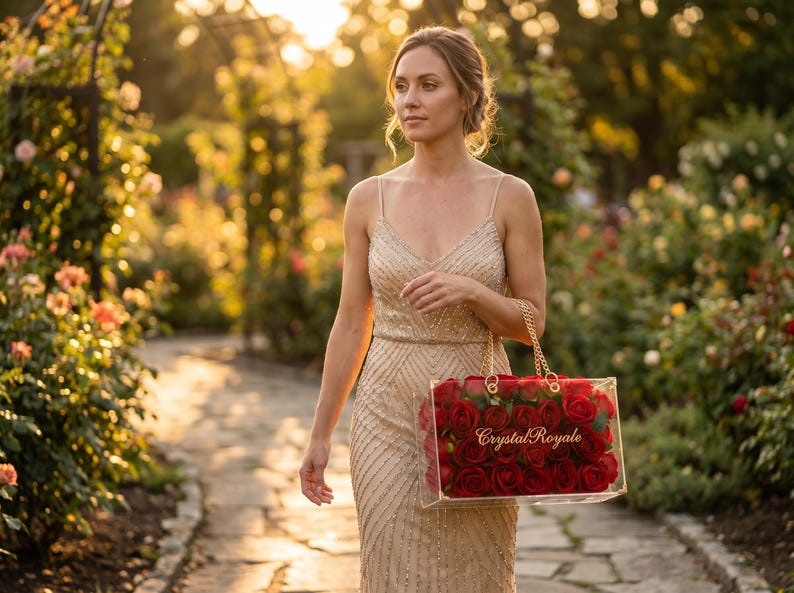 May include: A woman in a beaded champagne-colored gown carries a clear tote bag filled with red roses. The bag has a gold chain handle and the words "Crystal Royale" are printed on the front. The background is a garden with a stone path.