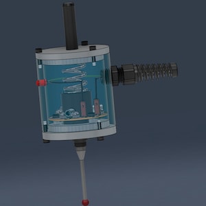 Peut inclure: Un dispositif cylindrique transparent avec des composants internes, dont un ressort, un circuit imprimé et des accents rouges et argentés. Un composant cylindrique noir s'étend du haut, et un mécanisme à ressort est sur le côté. Une sphère rouge est en bas.