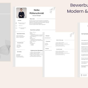 May include: A modern resume template featuring the name "Heiko Müllerschmidt" and the job title "Account Manager" on white pages. The text "Bewerbung Vorlage Modern & Professionell" is at the top. A headshot of a man in a suit is in the upper left corner.