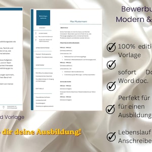 May include: Two-page resume template with a blue header and text. The text includes "Max Mustermann" and "MOTIVATIONSSCHREIBEN". The image also includes the text "100% editierbare Word Vorlage" and "Schnapp dir deine Ausbildung!"
