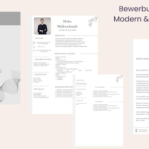 May include: A resume template featuring a photo of a person in a dark blazer. The resume includes the name Heiko Müllerschmidt, with the word "BEWERBUNG" below. The text "Bewerbung Vorlage Modern & Professionell" is at the top.