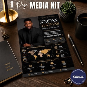 Può includere: Un modello di media kit di una pagina con il ritratto di un uomo in abito nero, testo dorato e una grafica di una mappa del mondo. Il documento include sezioni per i dati demografici del pubblico, le statistiche chiave e i servizi offerti.