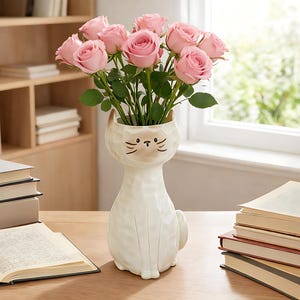 May include: A white ceramic cat-shaped vase holding a bouquet of pink roses. The vase has a textured surface and a cat face design. The roses are in full bloom, with green leaves.