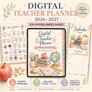 Könnte beinhalten: Ein digitaler Lehrerplaner für das Schuljahr 2026-2027 mit 330 verlinkten Seiten. Das Display zeigt ein Tablet mit einer Titelseite, einem Haupt-Dashboard und einem Wochenplaner, verziert mit Illustrationen von Büchern, einem Apfel und einem Globus.