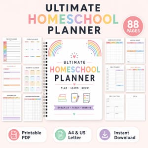 May include: A spiral-bound Ultimate Homeschool Planner with 88 pages, featuring pastel rainbow graphics, heart icons, and the text Plan, Learn, Grow and Organize, Teach, Inspire. Includes various printable planner page layouts for curriculum, attendance, and daily schedules.