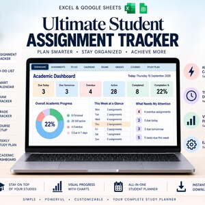 May include: A laptop displaying an Ultimate Student Assignment Tracker for Excel and Google Sheets. The screen shows an academic dashboard with progress charts, assignment counts, and a weekly schedule. Icons and text labels surround the laptop.