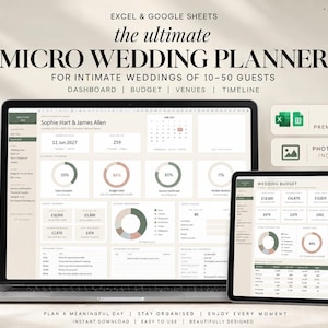 May include: A digital micro wedding planner for Excel and Google Sheets displayed on a laptop and tablet. The interface features a dashboard with budget, venue, and timeline trackers, including 12 premium tabs and photo areas for 10-50 guests.