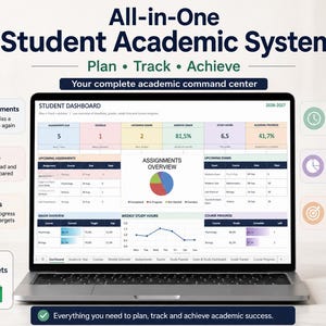 Könnte beinhalten: Ein Laptop zeigt ein All-in-One Student Academic System Dashboard mit Bereichen für Aufgaben, Prüfungen, Noten und Kursfortschritt. Der Bildschirm enthält Diagramme, Tabellen und Daten für das akademische Jahr 2026-2027 für Excel und Google Sheets.
