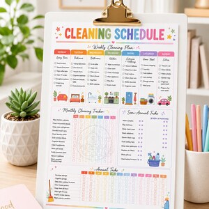 May include: A white clipboard holding a colorful Cleaning Schedule printout with sections for weekly, monthly, semi-annual, and annual tasks. The document features rainbow-colored headers, icons for household chores, and checkboxes for tracking progress.