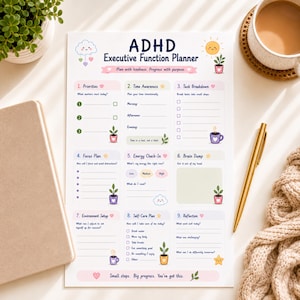 Könnte beinhalten: Ein weißes ADHD Executive Function Planner Blatt mit neun Abschnitten, darunter Prioritäten, Zeitbewusstsein, Aufgabenaufteilung, Fokusplan, Energie-Check, Brain Dump, Umgebungs-Setup, Selbstfürsorgeplan und Reflexion mit bunten Symbolen.