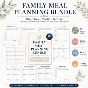 May include: A digital family meal planning bundle featuring ten printable pages including weekly and monthly menus, grocery lists, and food inventory trackers. The design includes soft pastel accents, botanical illustrations, and the text FAMILY MEAL PLANNING BUNDLE, Plan, Prep, Nourish, Together, and Made with love for your family.