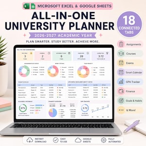 Peut inclure: Un planificateur universitaire numérique tout-en-un pour Microsoft Excel et Google Sheets pour l'année académique 2026-2027. L'écran affiche un tableau de bord avec GPA, suivi des devoirs et finances, incluant 18 onglets connectés.