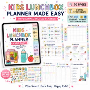 May include: A digital kids lunchbox planner featuring 70 pages, a bonus sticker book, and hyperlinked tabs. The interface includes a dashboard, weekly lunch plan, lunchbox builder, grocery list, food inventory, and prep checklist with colourful icons.