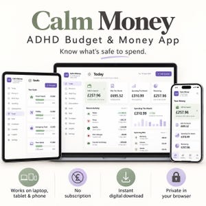 Puede incluir: Una interfaz digital para la aplicación de presupuesto y dinero Calm Money ADHD mostrada en una computadora portátil, tableta y teléfono inteligente. La pantalla muestra paneles financieros con categorías, texto e iconos.