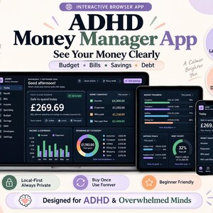 May include: An ADHD Money Manager app interface displayed on a laptop, tablet, and smartphone. The dark-themed dashboard features financial data, including income, expenses, savings goals, and debt payoff progress, with text labels like Budget, Bills, Savings, and Debt.