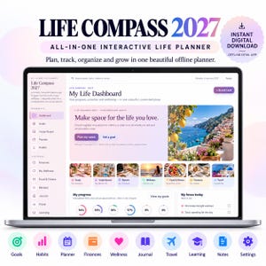 Puede incluir: Una pantalla de portátil muestra la interfaz del planificador digital interactivo Life Compass 2027. El panel incluye secciones para objetivos, hábitos y bienestar, con una imagen costera, gráficos de progreso y una lista de tareas. Debajo del portátil hay iconos para objetivos, hábitos, planificador, finanzas, bienestar, diario, viajes, aprendizaje, notas y ajustes.