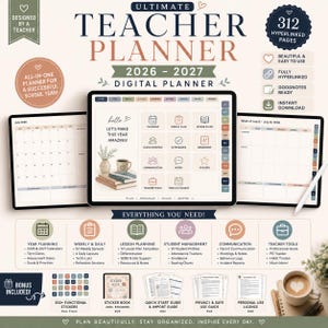 以下が含まれることがあります： 312ページのハイパーリンク付きデジタルプランナー、Ultimate Teacher Planner 2026-2027。カレンダー、授業計画、出席管理、成績表のテンプレートが含まれています。コミュニケーション、メモ、教師用ツールなどのアイコンを備えたダッシュボード。ボーナスステッカー付き。