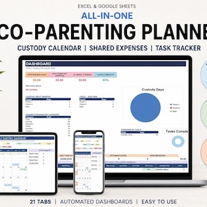 Peut inclure: Un planificateur de coparentalité tout-en-un pour Excel et Google Sheets affiché sur un ordinateur portable, une tablette et un smartphone. L'écran présente un tableau de bord avec calendrier de garde, dépenses partagées et suivi des tâches. Trois icônes circulaires mettent en avant les plannings récurrents, les dépenses partagées et les calendriers de garde.