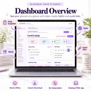 May include: A laptop screen displaying the Bloomsday ADHD Planner dashboard with purple and white interface elements. Text includes Dashboard Overview, Good Evening, and various task categories. Icons for daily snapshot, tasks, meals, and quick links surround the screen.