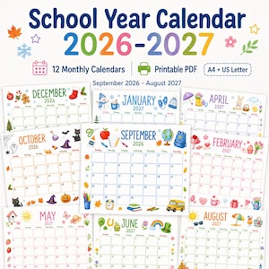 Op de afbeelding: Een schooljaarkalender 2026-2027 als printbare PDF-set met 12 maandpagina's van september 2026 tot augustus 2027. Elke pagina bevat een datumrooster en kleurrijke seizoensgebonden illustraties zoals pompoenen, sneeuwpoppen en schoolspullen.