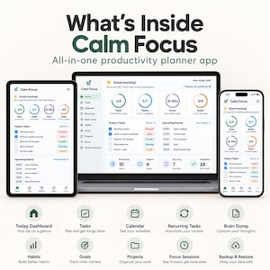 Puede incluir: Una tableta, un portátil y un teléfono inteligente muestran la interfaz de la aplicación de planificación de productividad Calm Focus. Las pantallas muestran un panel con tareas, hábitos, tiempo de enfoque y objetivos. Debajo, los iconos representan funciones como el panel de control, tareas, calendario, tareas recurrentes, brain dump, hábitos, objetivos, proyectos, sesiones de enfoque y copia de seguridad.