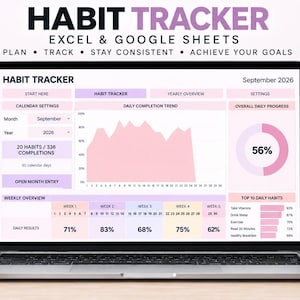 Può includere: Uno schermo di computer portatile che mostra un tracker di abitudini digitale per Excel e Google Sheets, con un calendario di settembre 2026, un grafico a linee di tendenza giornaliera, un grafico ad anello al 56% e un riepilogo settimanale.