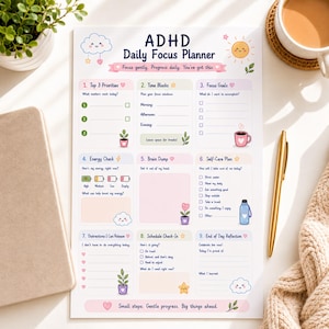 Agenda giornaliera per ADHD, schede stampabili per le funzioni esecutive, foglio di lavoro per la produttività, formato PDF A4 US Letter.