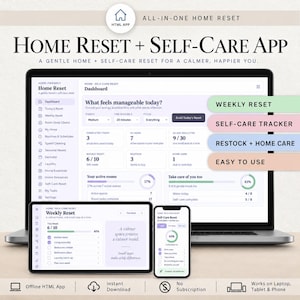 Peut inclure: Une application numérique de réinitialisation de la maison et de soins personnels affichée sur un ordinateur portable, une tablette et un smartphone. L'interface présente un tableau de bord avec des suivis de progression et des listes.
