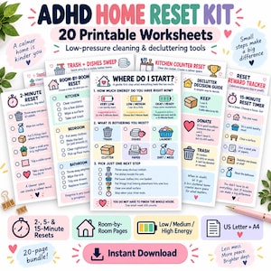 May include: An ADHD Home Reset Kit featuring 20 printable worksheets with low-pressure cleaning and decluttering tools. The pages include checklists for room-by-room resets, a declutter decision guide, a reward tracker, and a timer-based task list.