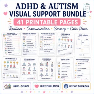 ADHD Autism Visuellt stödpaket, 41 utskrivbara skolrutinarbetsblad (digital nedladdning)
