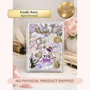 Könnte beinhalten: Ein digitales Download-Produkt für Kindle Basic. Das Bild zeigt eine transparente Hülle, die mit lila und weißen dekorativen Elementen gefüllt ist, darunter ein Teddybär, Schmetterlinge und Vintage-Ephemera. Der Text "Digital Download" ist sichtbar.