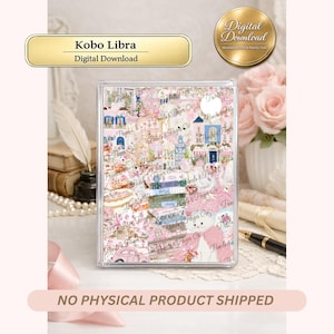May include: A Kobo Libra digital download file featuring a rectangular e-reader skin with a whimsical pink and blue illustration of a town scene, stacked books, and a white cat. The text Kobo Libra and Digital Download is visible at the top.