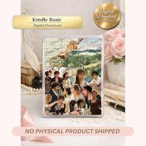 May include: A rectangular Kindle Basic digital download skin featuring a collage of historical figures in period clothing, a landscape scene, and the text Pearls & Pages Co. The design includes various characters in formal attire and a green countryside background.