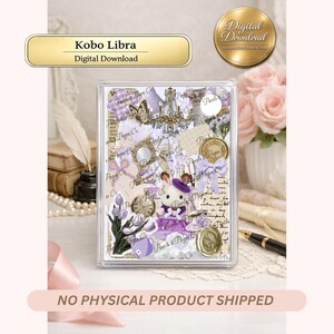 Könnte beinhalten: Ein digitales Download-Produkt für Kobo Libra mit einer Collage aus lila und weißen Elementen im Vintage-Stil. Das Design umfasst eine Kaninchenfigur, Schmetterlinge und florale Akzente mit dem Text "Kobo Libra Digital Download."