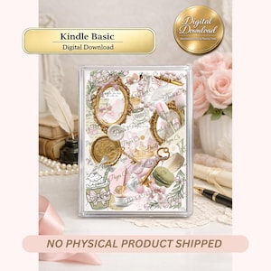 Könnte beinhalten: Grafik für digitalen Download mit Vintage-Thema. Das Design umfasst verzierte Rahmen, Schlüssel, Teetassen und florale Elemente in zarten Rosa-, Gold- und Cremetönen. Der Text enthält "Kindle Basic" und "Digital Download". Ein Banner unten lautet "NO PHYSICAL PRODUCT SHIPPED".