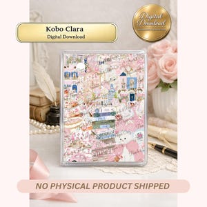Peut inclure: Un téléchargement numérique pour une protection de liseuse Kobo Clara avec un collage d'illustrations roses et bleues incluant des bâtiments, des fleurs, des livres et un chat blanc. Le texte Kobo Clara Digital Download et NO PHYSICAL PRODUCT SHIPPED est visible.