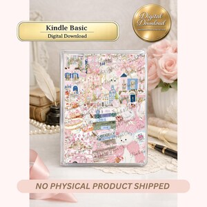 May include: A Kindle Basic digital download skin featuring a collage of pink-toned illustrations including Parisian buildings, a white cat, a pink car, and stacked books. The text Kindle Basic Digital Download and No Physical Product Shipped is visible.