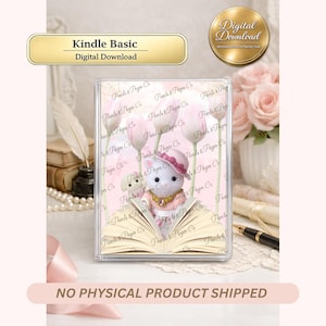Könnte beinhalten: Digitaler Download-Grafik für Kindle Basic. Das Bild zeigt ein niedliches Häschen mit Hut und Kleid, das ein offenes Buch hält. Der Hintergrund hat rosa Tulpen und den Text "Pearls & Pages Co."