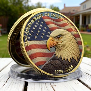 May include: Gold-colored commemorative coin featuring an American flag and a detailed bald eagle. The coin is inscribed with "250TH ANNIVERSARY OF INDEPENDENCE" and the years "1776-2026". The coin is displayed in a clear plastic case.