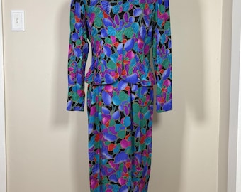 VTG 80s Adriana Papell 2 Pc Skirt Set 100% Silk Abstract Floral Bold Colors 8