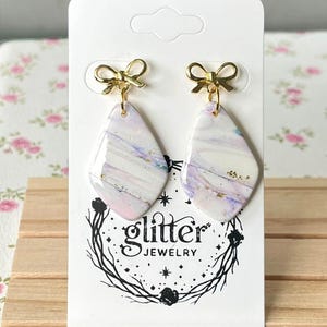 Gold Bow Rhombus Earrings, XL Pastel Marbled Clay Dangles, Glossy Resin Statement Drop, Coquette Bow Post Earrings, Gift for Her