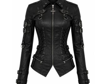 Damen Gothic Kunstleder Korsett Bikerjacke, Schwarze Punk Goth Oberbekleidung