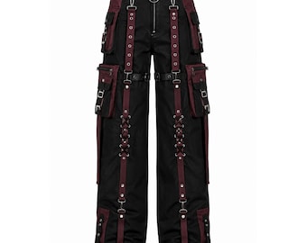 Gothic Cargohose, Schwarze Bordeauxrote Techwear, Alternative Streetwear Hose, Cyberpunk Utili