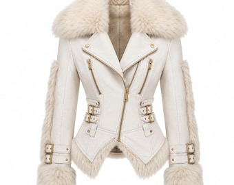 May include: A cream-colored leather jacket with a faux fur collar, cuffs, and trim. The jacket features a zip-up front, multiple zippers, and buckle details. The jacket has a fitted silhouette.