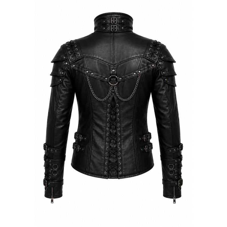 Men's Gothic Leather Jacket, Black Punk Biker Steampunk Outerwear image 4
