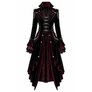 May include: A long black and deep red velvet coat featuring a high collar, silver-toned metal clasps, decorative chains on the shoulders, and tiered ruffled cuffs with black lace trim. The coat has a structured waist and a flared hemline.